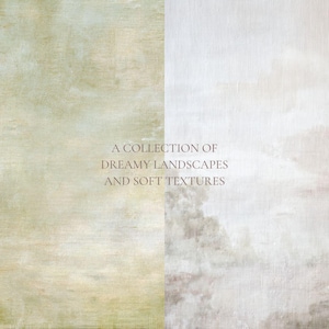 K&ouml;nnte beinhalten: Ein geteilter digitaler Hintergrund mit einer weichen, gr&uuml;n texturierten Oberfl&auml;che auf der linken Seite und einer blassen, nebligen Landschaft auf der rechten Seite. Der zentrierte Text lautet: A COLLECTION OF DREAMY LANDSCAPES AND SOFT TEXTURES.