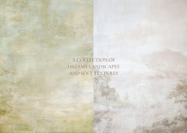 K&ouml;nnte beinhalten: Ein geteilter digitaler Hintergrund mit einer weichen, gr&uuml;n texturierten Oberfl&auml;che auf der linken Seite und einer blassen, nebligen Landschaft auf der rechten Seite. Der zentrierte Text lautet: A COLLECTION OF DREAMY LANDSCAPES AND SOFT TEXTURES.