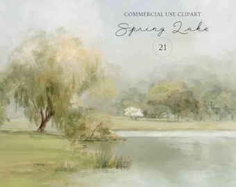 21 Watercolor Landscape Pastel Backgrounds, Spring Lake Scene PNG Bundle, Whispering Lake, Nature Backdrop Clipart, Commercial Use