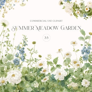 Könnte beinhalten: Aquarell-Clipart mit einem Sommerwiesen-Gartendesign. Das Bild zeigt weiße Gänseblümchen, blaue Rittersporne und üppiges grünes Laub. Der Text lautet "COMMERCIAL USE CLIPART" und "SUMMER MEADOW GARDEN" mit der Zahl "35".