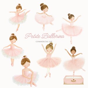 May include: Watercolor illustration of seven petite ballerinas in pink tutus and ballet shoes. The text "Petite Ballerina" is written in cursive above the words "COMMERCIAL USE". The ballerinas are in various dance poses.