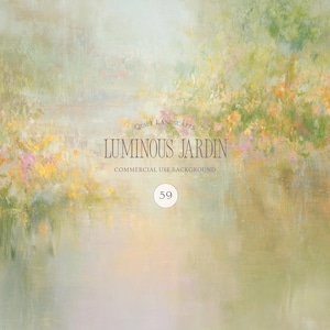 May include: An abstract digital painting featuring soft, blended strokes of sage green, pale yellow, and muted orange. Centered text reads QUIET LANDSCAPES LUMINOUS JARDIN COMMERCIAL USE BACKGROUND with the number 59 inside a small white circle below.