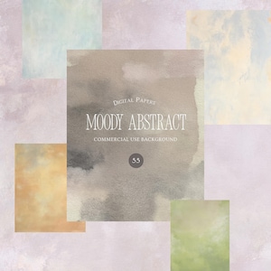 May include: A collection of digital papers featuring moody abstract watercolor textures in shades of gray, beige, blue, yellow, and green. The central overlay displays the text Digital Papers MOODY ABSTRACT COMMERCIAL USE BACKGROUND and the number 55.