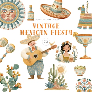 May include: A watercolour illustration depicting a vintage Mexican fiesta. The image features a sombrero, a mariachi playing a guitar, a piñata, a margarita glass, and the text "VINTAGE MEXICAN FIESTA".