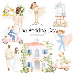 Puede incluir: Conjunto de imágenes prediseñadas de acuarela con ilustraciones temáticas de boda. Las imágenes incluyen una pareja, una casa, un scooter y otros elementos relacionados con la boda. El texto "The Wedding Day" también está incluido en la imagen.