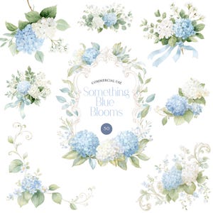 50 Blue Hydrangea Frames Clipart Bundle, Summer Blue Blooms, Watercolor Floral Wreath PNG, Wedding Crest Monogram Clip Art, Commercial Use