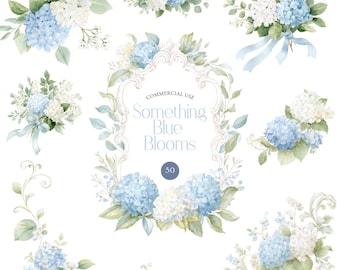 50 Blue Hydrangea Frames Clipart Bundle, Summer Blue Blooms, Watercolor Floral Wreath PNG, Wedding Crest Monogram Clip Art, Commercial Use