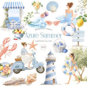 May include: A collection of watercolour illustrations titled Azure Summer featuring a blue striped awning, a coastal cafe, a lobster, a person on a light blue scooter, a lighthouse, a person with a pool float, seashells, fruit, and flowers.
