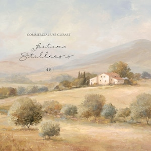 May include: A digital landscape painting featuring a light-colored farmhouse nestled in rolling golden hills under a soft sky. The text reads COMMERCIAL USE CLIPART, Autumn Stillness, and the number 46 in a circle, set against a muted, painterly background.