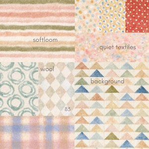 May include: A collage of textile patterns featuring softloom, quiet textiles, wool, and background text. Designs include horizontal stripes, polka dots, circles, diamonds, triangles, and plaid in muted pink, green, blue, yellow, and red tones.