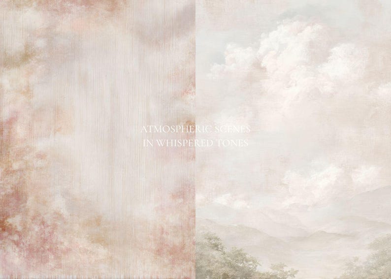 K&ouml;nnte beinhalten: Ein digitaler Hintergrund mit einem geteilten Design, bestehend aus einer texturierten, abstrakten rosa-beigen Fl&auml;che auf der linken Seite und einer weichen, malerischen Landschaft mit Wolken und H&uuml;geln rechts, mittig mit ATMOSPHERIC SCENES IN WHISPERED TONES.