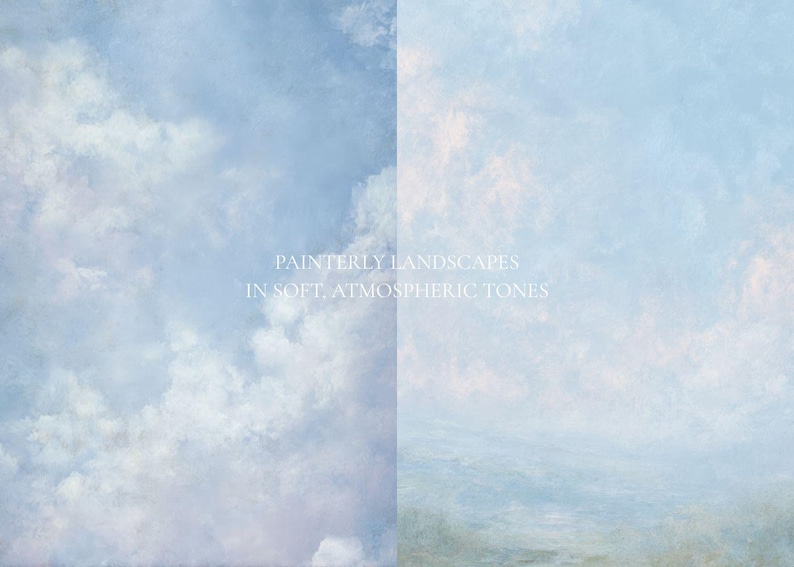 K&ouml;nnte beinhalten: Ein geteilter Digitaldruck mit einem malerischen Himmel mit weichen wei&szlig;en Wolken auf der linken Seite und einer dunstigen, atmosph&auml;rischen Landschaft in hellblauen und blassrosa T&ouml;nen auf der rechten Seite, mit dem Text PAINTERLY LANDSCAPES IN SOFT, ATMOSPHERIC TONES.
