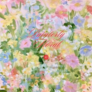 Op de afbeelding: Een digitaal papierachtergrond met een schilderachtig bloemenpatroon met zichtbare penseelstreken in tinten roze, geel, blauw en groen. De tekst luidt: DIGITAL PAPERS Painterly Floral COMMERCIAL USE BACKGROUND 42 in rood en wit.