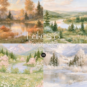 Könnte beinhalten: Eine digitale Sammlung von vier Landschaftsgemälden mit Seen und Wäldern in verschiedenen Jahreszeiten. Der Text lautet Digital Papers Lakes & Forests Landscape Backgrounds 34. Die Szenen zeigen Herbst, Sommer, Frühling und Winter.