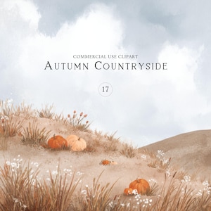 Puede incluir: Una ilustración digital titulada COMMERCIAL USE CLIPART AUTUMN COUNTRYSIDE 17, que muestra un paisaje con calabazas naranjas y crema entre hierba seca marrón, flores silvestres y colinas bajo un cielo azul claro y nublado.