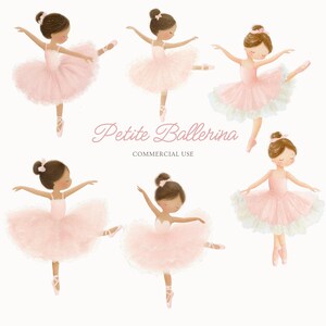 May include: Illustration of six young ballerinas in pink tutus and pointe shoes. The text "Petite Ballerina" is written in cursive above the words "COMMERCIAL USE". The ballerinas are in various ballet poses.