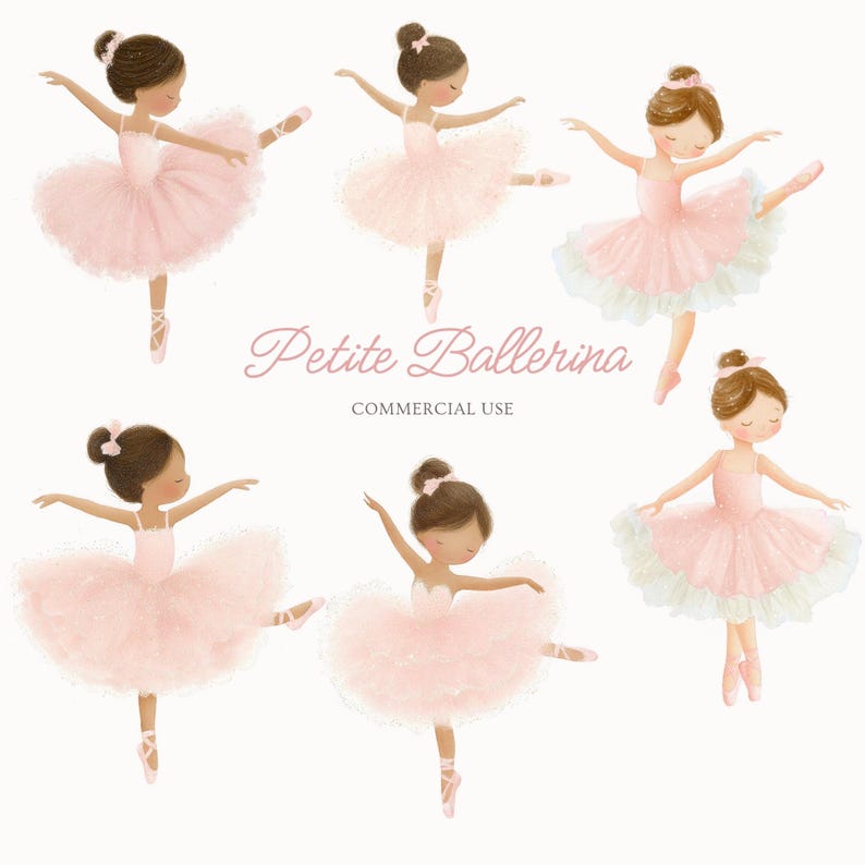 May include: Illustration of six young ballerinas in pink tutus and pointe shoes. The text "Petite Ballerina" is written in cursive above the words "COMMERCIAL USE". The ballerinas are in various ballet poses.