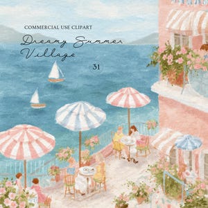 31 Coastal Summer Village Background Clipart | Cottagecore Mediterranean Seaside Town Watercolor PNG Backdrop Pastel Amalfi Scene Whimsical