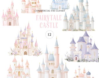 12 Fairytale Castle Clipart Bundle l Watercolor Princess Pastel Fantasy Palace Clip Art l Commercial Use Nursery Birthday Invitation