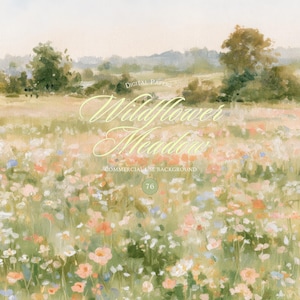 May include: A digital paper background featuring a watercolor painting of a wildflower meadow with soft pink, white, and green tones. The text reads: DIGITAL PAPERS Wildflower Meadow COMMERCIAL USE BACKGROUND 76 in a light script and sans-serif font.