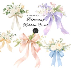 Floral Bow Clipart Bundle, Watercolor Ribbon Bow PNG, Coquette Flower Bow Clipart, Pastel Floral Bouquet Bow