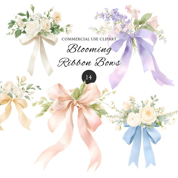 14 Watercolor Floral Bow Clipart l Coquette Ribbon Bow PNG Bundle l Pastel Flower Bow Clipart Feminine Wedding Clipart (Commercial Use)