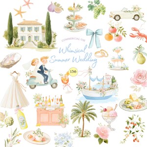 136 Whimsical Summer Wedding Clipart Bundle, Watercolor Mediterranean Wedding PNG, Italian Coastal Clip Art, Blue Bow Romantic Wedding Decor