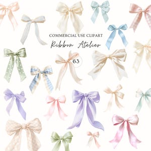 May include: A collection of watercolor ribbon bows in various pastel colors, including pink, blue, green, and lavender. Some bows have striped or polka dot patterns. The image includes the text "COMMERCIAL USE CLIPART" and "Ribbon Atelier".