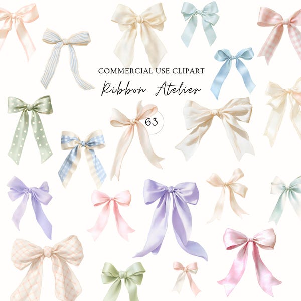 Pacote com 63 Clipart de Fitas em Tons Pastel e Aquarela | Conjunto PNG de Laços de Seda Românticos e Vintage, Estilo Coquette Rococo e Poético