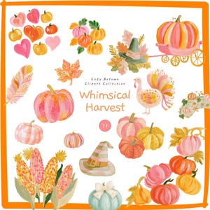 Może przedstawiać: Cyfrowy zestaw ilustracji zatytułowany Cozy Autumn Clipart Collection Whimsical Harvest przedstawiający różne dynie, jesienne liście, indyka, kapelusz czarownicy, kolby kukurydzy i kształty serc w odcieniach pomarańczu, różu, żółci i zieleni.
