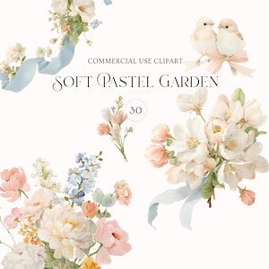 Può includere: Set di clipart ad acquerello con fiori di giardino dai colori pastello tenui, tra cui peonie e rose. L'immagine include una coppia di uccelli, nastri e il testo "Soft Pastel Garden" e "Commercial Use Clipart".