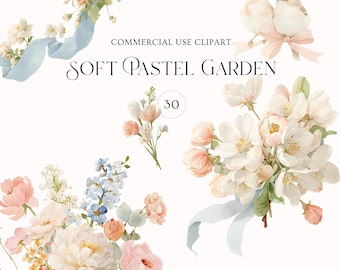30 Soft Pastel Garden Mini Bouquets and Floral Wreath Clipart Set Blush Watercolor Flowers Wedding  PNG Cottagecore Botanical Art