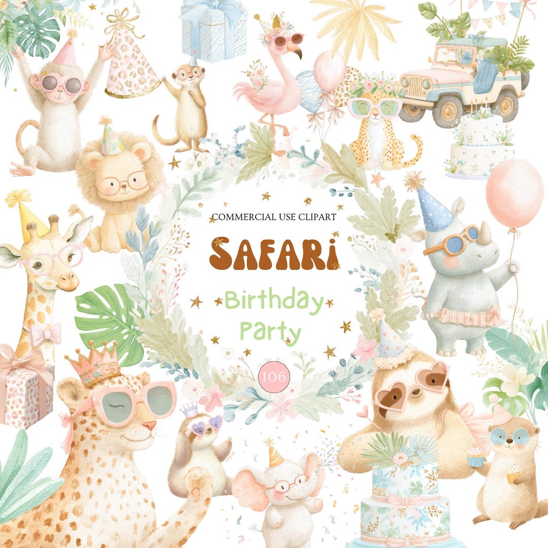 Safari Birthday Baby Animals Party Clipart Bundle L Pastel Watercolor ...