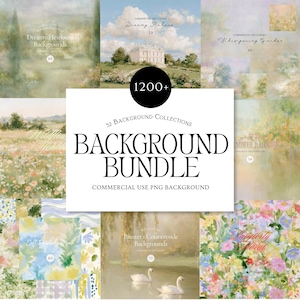 Puede incluir: Una colección digital de más de 1200 imágenes de fondo con 32 conjuntos distintos. La muestra incluye varias escenas pictóricas como paisajes, prados florales, cisnes en el agua y estructuras arquitectónicas con superposiciones de texto.
