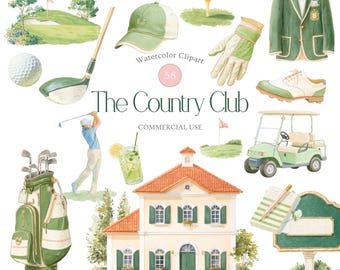 58 Golf Clipart PNG, Watercolor Country Club Clipart, The Country Club, Preppy Golf Aesthetic, Golf Cart Clipart