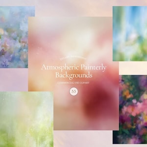 May include: A collection of five digital art backgrounds featuring soft, blurred painterly textures in pastel and vibrant floral hues. The central image displays the text "Atmospheric Painterly Backgrounds" and "COMMERCIAL USE CLIPART" with a circle containing the number 33.