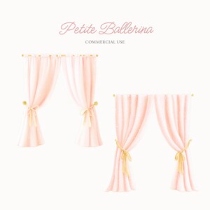May include: Watercolor illustration of pink curtains with gold accents. The curtains are tied back with yellow ribbons. The text "Petite Ballerina" and "Commercial Use" are displayed at the top.