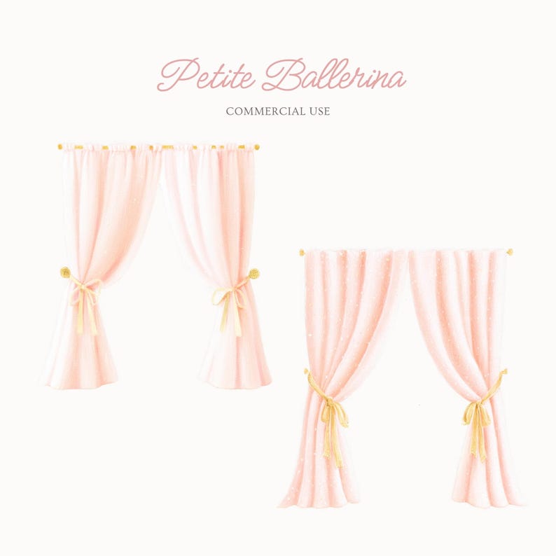 May include: Watercolor illustration of pink curtains with gold accents. The curtains are tied back with yellow ribbons. The text "Petite Ballerina" and "Commercial Use" are displayed at the top.