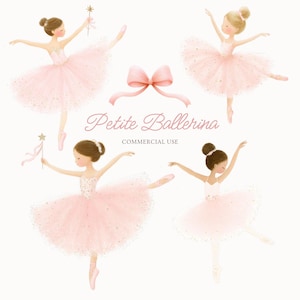 May include: Illustration of four ballerinas in pink tutus and pointe shoes. The ballerinas are in various dance poses, with one holding a wand. A pink bow and the text "Petite Ballerina" are also featured.