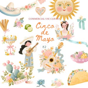 May include: A collection of Cinco de Mayo themed illustrations. Includes a sombrero, a sun with a face, a woman playing a guitar, a guitar with flowers, a taco, and the text "Cinco de Mayo".