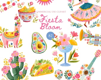 87 Folk Art Fiesta Clipart Bundle l Mexican Floral Watercolor PNG l Cinco de Mayo Party Clipart l Colorful Summer Festival Graphics