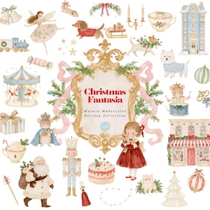 May include: A collection of watercolor illustrations featuring a central gold ornate frame with the text Christmas Fantasia, surrounded by holiday motifs including a fairy, mice, dogs, a nutcracker, Santa Claus, a carousel, and a shop front.