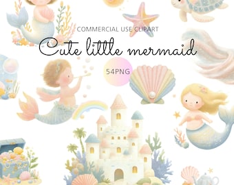 Set de 54 adorables imágenes prediseñadas de la Sirenita en tonos pastel, ilustraciones de acuarela de animales marinos y bajo el agua, paquete de arte fantástico para niños