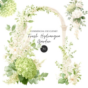 Puede incluir: Ilustración en acuarela de un arco floral y arreglos con hortensias blancas y verdes, flores blancas y follaje verde. El texto "Fresh Hydrangea Garden" se muestra con el número "51" en un círculo negro. Clip art de uso comercial.
