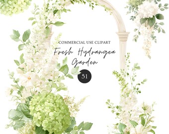 51 Fresh Summer Hydrangea Clipart Bundle l Blue Green Floral Watercolor PNG Wedding Flower Clip art Botanical Set l Arch Border Frame Wreath