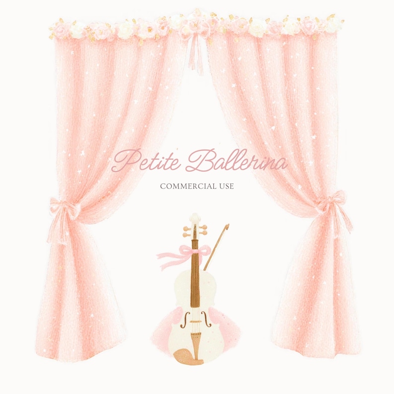 May include: Watercolor illustration featuring pink curtains adorned with floral accents and bows. A white violin with a pink bow and tutu is centered below the curtains. The text "Petite Ballerina" is displayed above the violin.