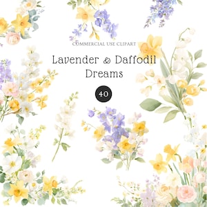 40 lavendel påsklilja clipart set l vår akvarell blommor clipart l kommersiell användning PNG gul lila blommor clipart