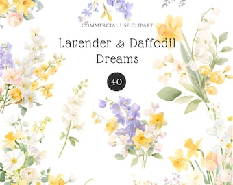 40 Lavender Daffodil Clipart Set l Spring Watercolor Floral Clipart l Commercial Use PNG Yellow Purple Flower Clip Art