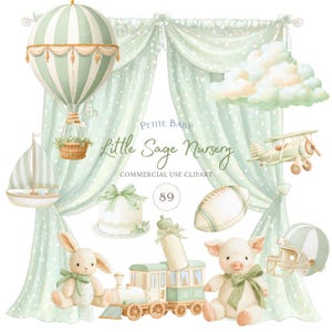 May include: A collection of watercolour illustrations with a baby theme, including a hot air balloon, sailboat, and airplane. Other elements are a train, bunny, pig, football, cake, and a baby bottle. The text "Petite Baby Little Sage Nursery" is visible.