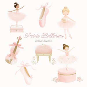 May include: Watercolor illustration featuring ballet-themed elements. The image includes ballerinas, ballet shoes, a violin, and a small stool, all in soft pink hues. The text "Petite Ballerina" is displayed in a delicate script, with "COMMERCIAL USE" below.
